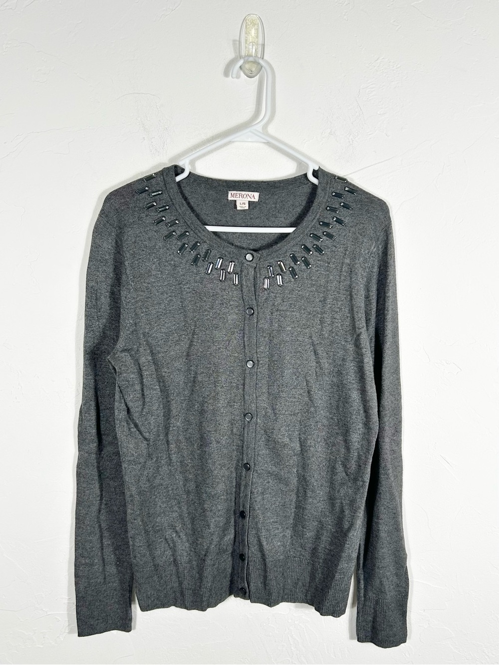 Merona Women's Large Gray Beaded Embellished Crewneck Button Cardigan Sweater L